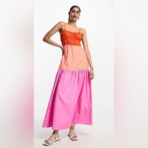Mango colour block ruched maxi dress in pink